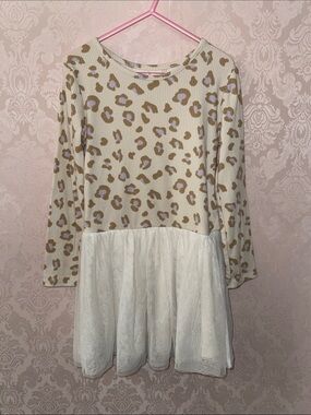 2/$20 Bundle for price Girls Cream Leopard Ribbed Top with White Lace Skirt